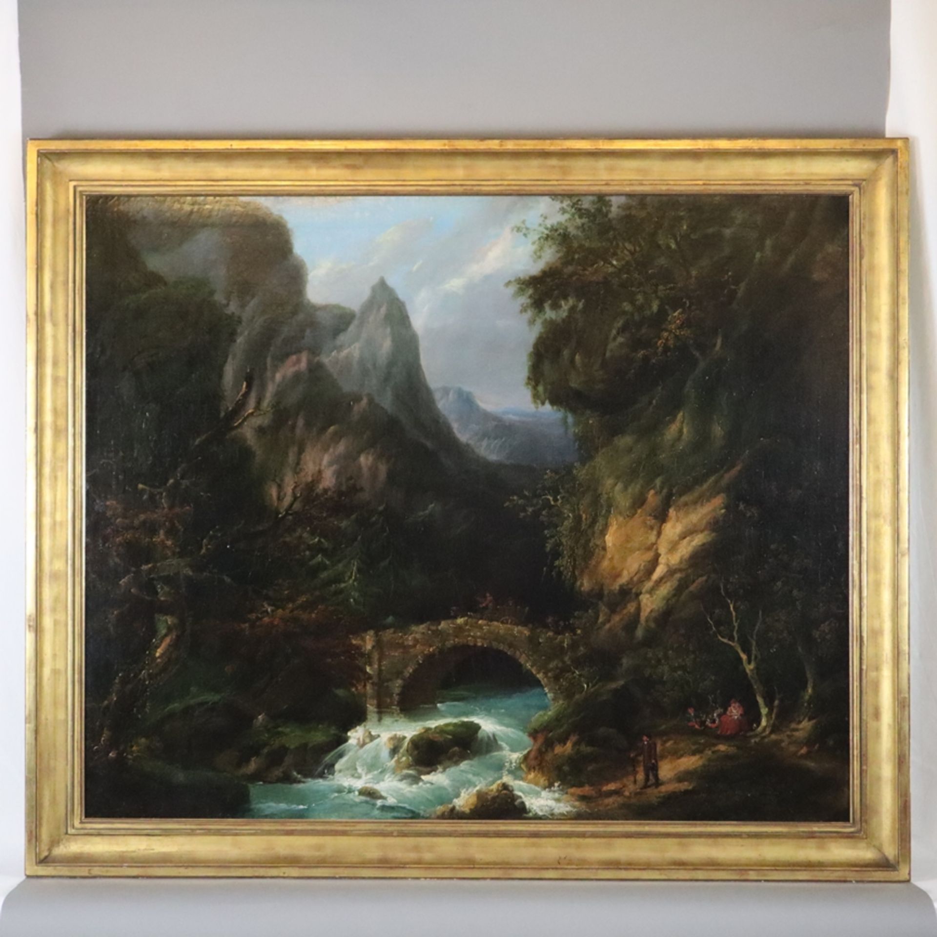 Calame, Alexandre (1810 Vevey - 1864 Menton) - Idyllische Felsenlandschaft mit Steinbrücke über - Bild 16 aus 16