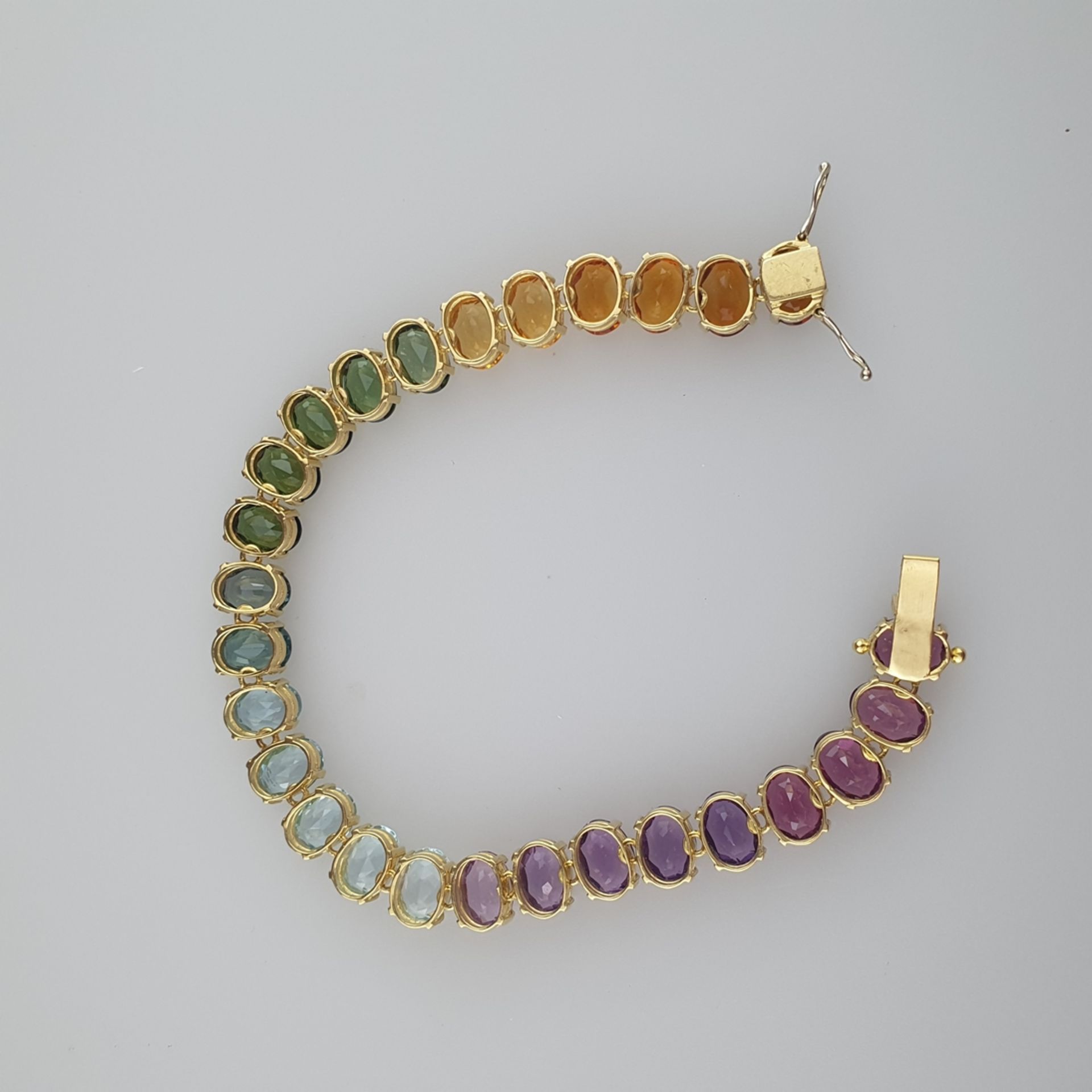 Multicolor-Armband - 18Kt.-Gelbgold, Goldschmiedearbeit, Besatz mit Amethysten, Blautopasen, - Bild 5 aus 5