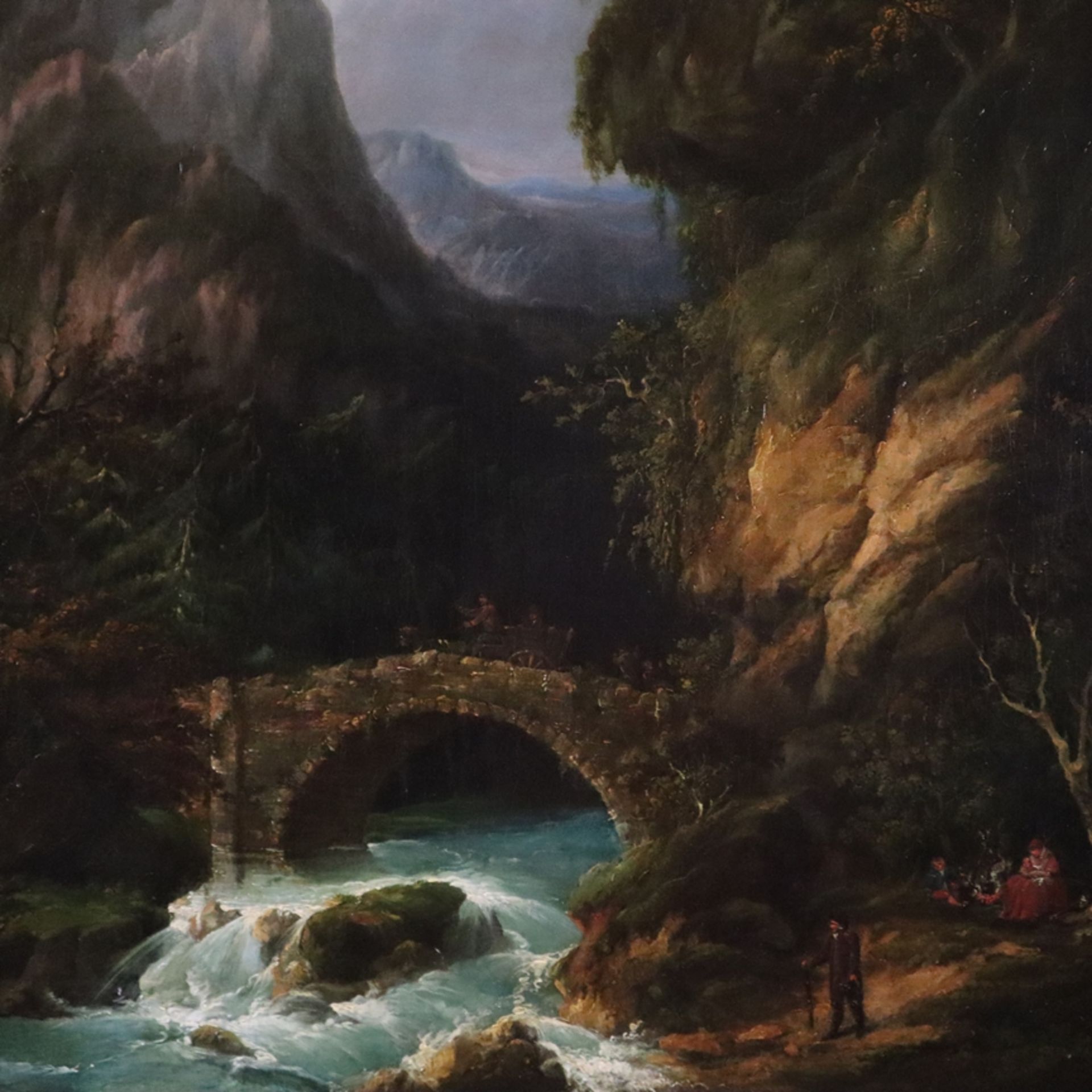 Calame, Alexandre (1810 Vevey - 1864 Menton) - Idyllische Felsenlandschaft mit Steinbrücke über - Bild 2 aus 16