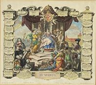 "Hispanus" - vielfigurige allegorische Darstellung von Spanien, mit Wappen bekrönt, von Kartuschen