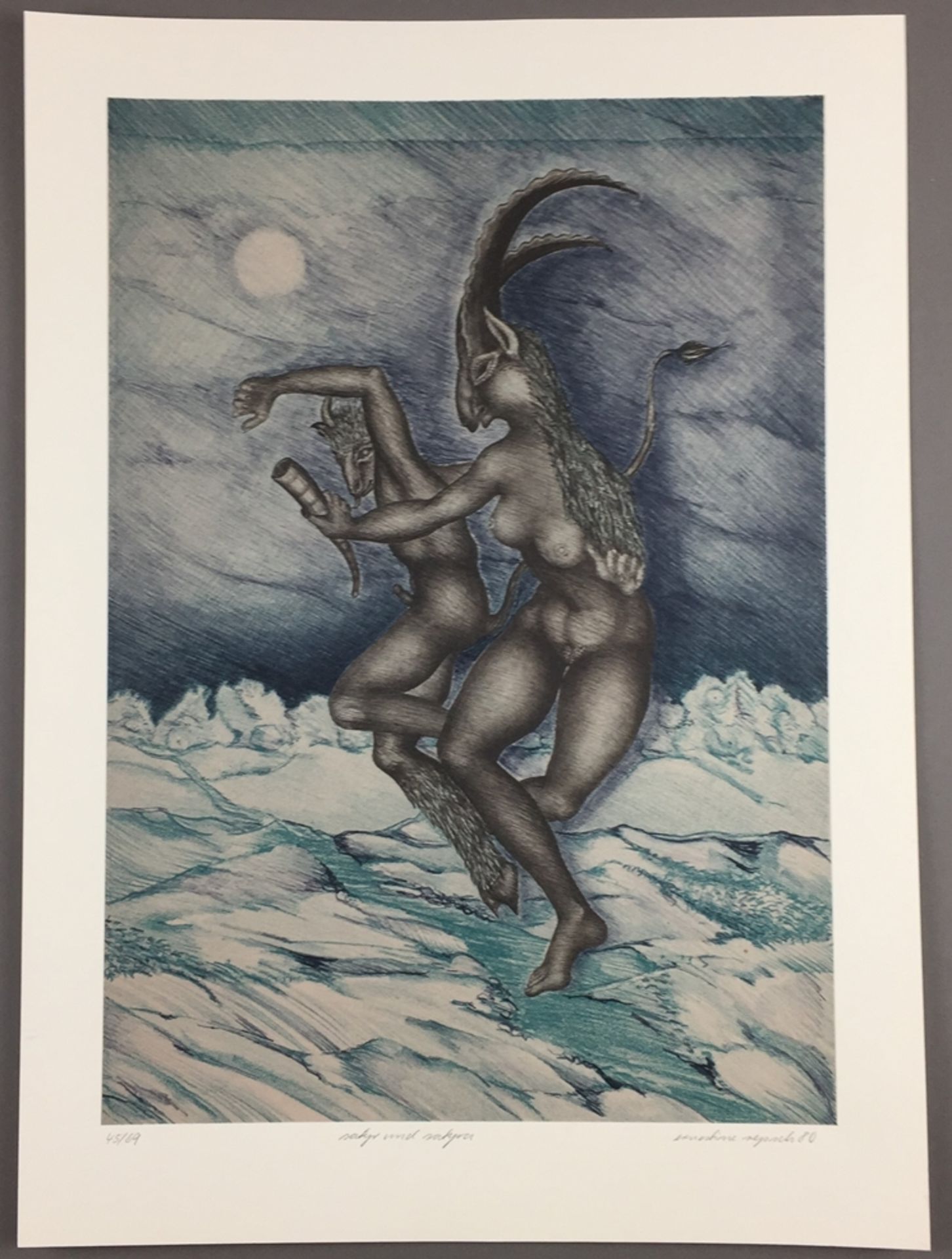 Repsch, Ernestine (* 1943) - "Satyr und Satyra", Farblithographie, unten rechts handsigniert und