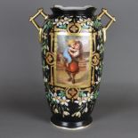 Prunkvase - wohl Frankreich, um 1900, auf schwarzem Fond polychrome Blumenmalerei, schauseitig