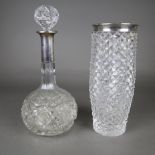 Glasvase & Kugelkaraffe mit Silbermontur - farblose Kristallvase mit Diamantschliff und glattem