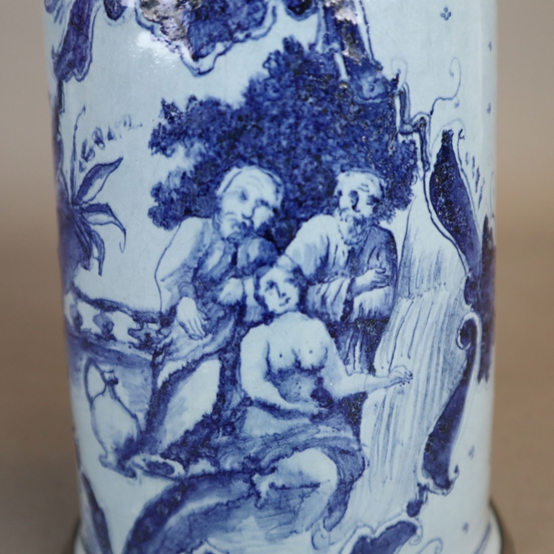 Walzenkrug mit Zinndeckel - deutsch, um 1900, Fayence, kleisterblau glasiert, kobaltblauer Dekor mit - Bild 5 aus 9