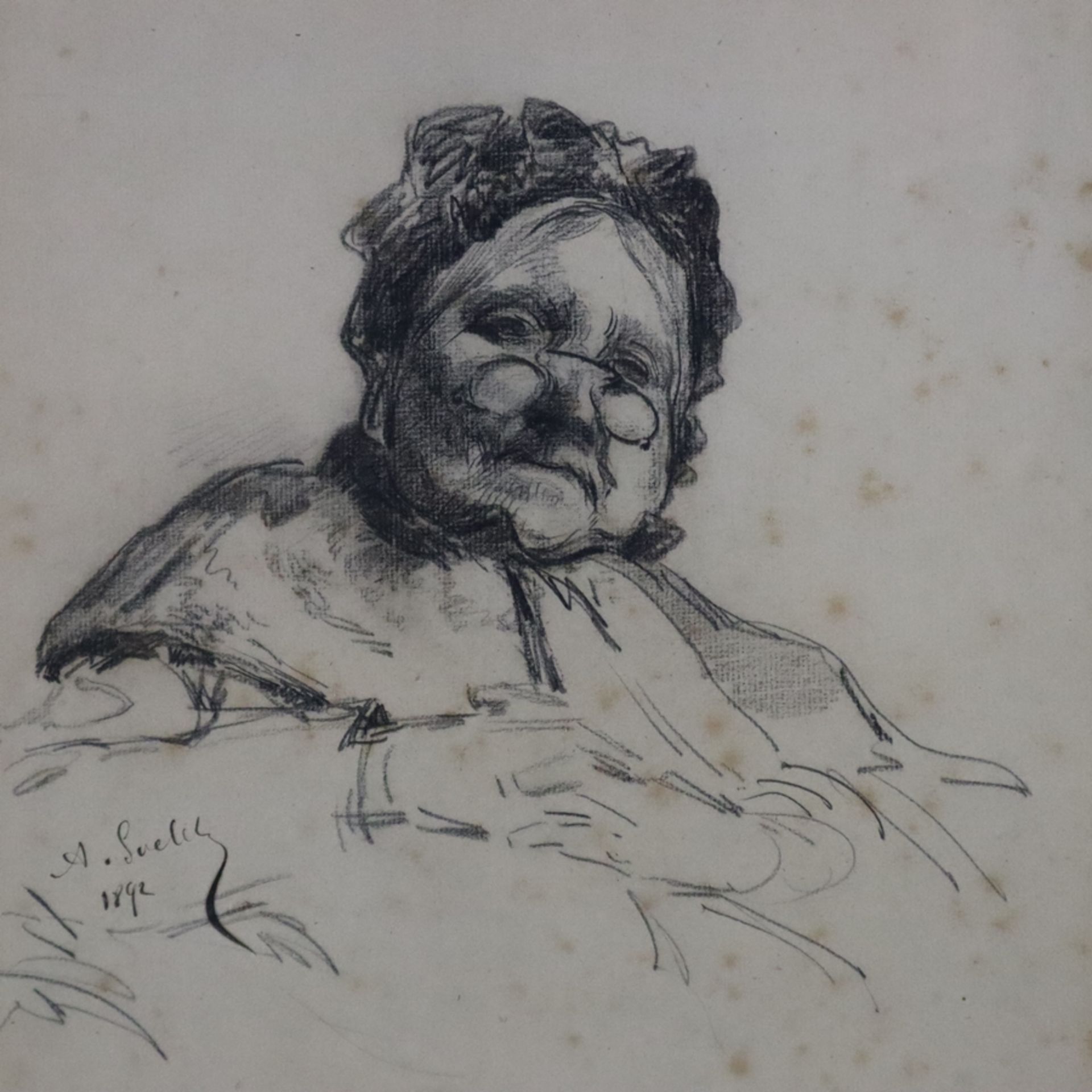 Unbekannter Künstler (19.Jh.) - Portrait einer älteren Dame mit Brille und Haube, 1892, - Bild 2 aus 5