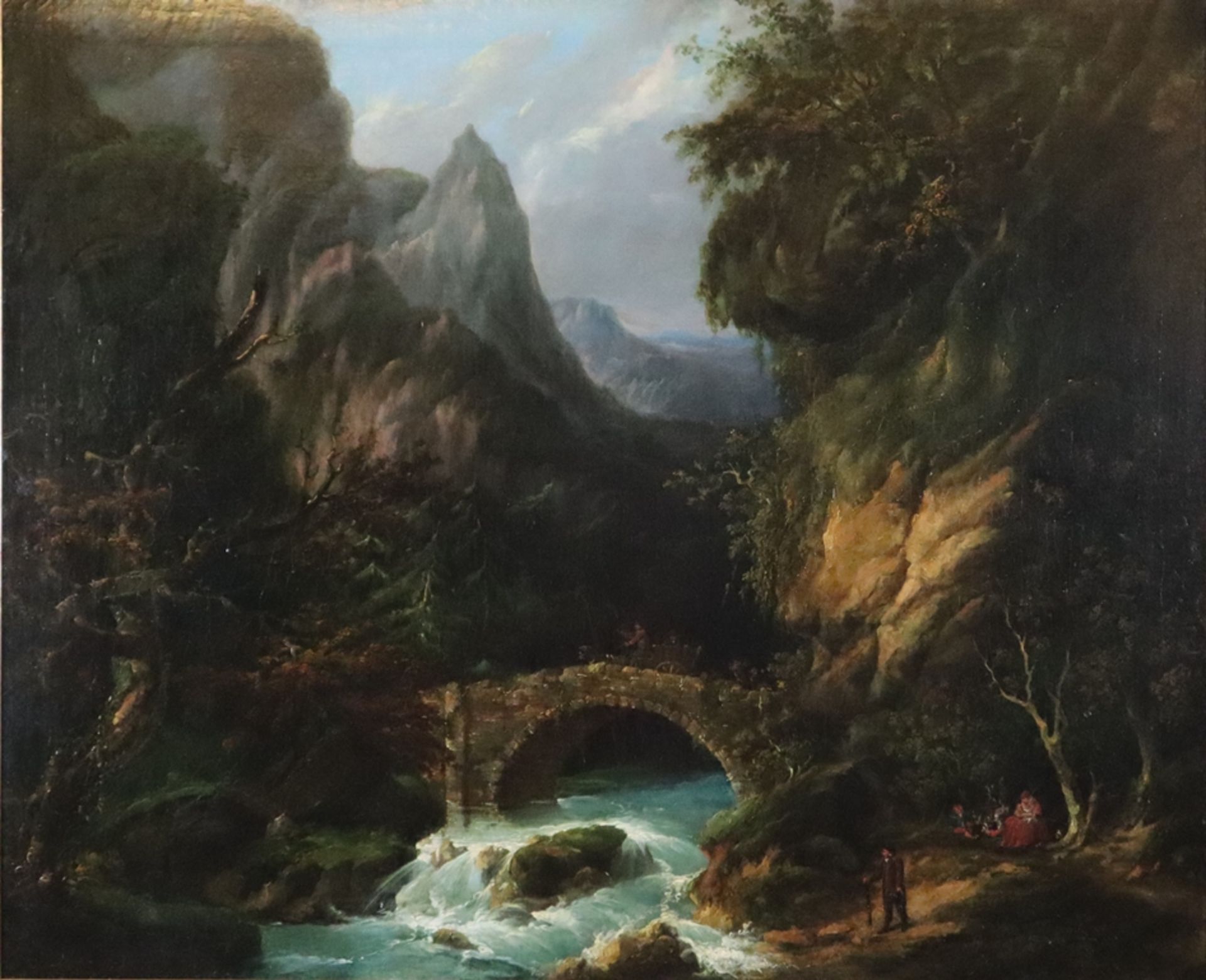 Calame, Alexandre (1810 Vevey - 1864 Menton) - Idyllische Felsenlandschaft mit Steinbrücke über