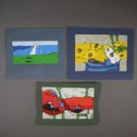 Fußmann, Klaus (*1938 Velbert) - Drei Farblinolschnitte auf blauem bzw. grünem Papier, 1x Landschaft