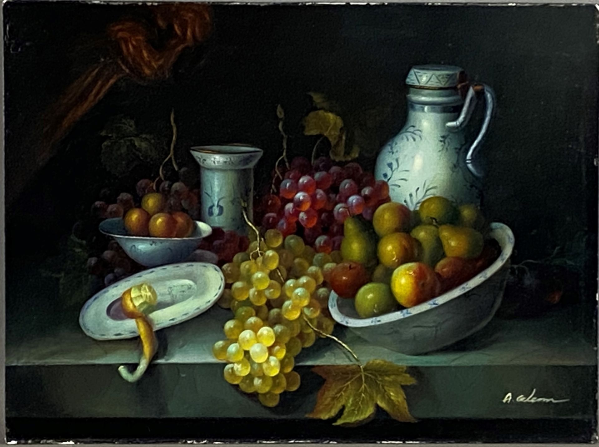 Unbekannter Künstler (20.Jh.) - Stillleben mit Früchten und Keramikgefäßen, Öl auf Platte, unten