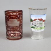 Zwei Andenkenbecher "Teplitz" - Böhmen, um 1900, 1x zylindrischer Becher, farbloses Glas rot