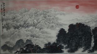 Chinesisches Rollbild - Stimmungsvolle Gebirgslandschaft, Tusche und Farben auf Papier, in