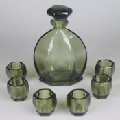 Art Déco-Likörset - grünliches Rauchglas, sechskantige Form, 7-tlg.: 1x Karaffe, H.ca.20,5cm, 6x