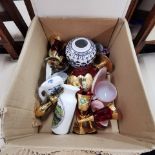 BOX LOT OF COLOURED GLASS & CHINA