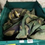 JOB LOT OF MILITARY CLOTHING TO INCLUDE BOOTS, GASMASKS, WATERPROOF CAMO JACKET & VARIOUS WEBBING