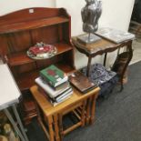 BOOKCASE, NEST OF TABLES & WINDOW TABLE