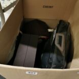 BOX LOT TO INCLUDE TEA POT, CAR SEAT COVERS, CHICKEN CROCK & WATCH CASE