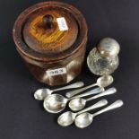 ANTIQUE TEA CADDY, SILVER SPOONS & SILVER TOPPED SCENT BOTTLE