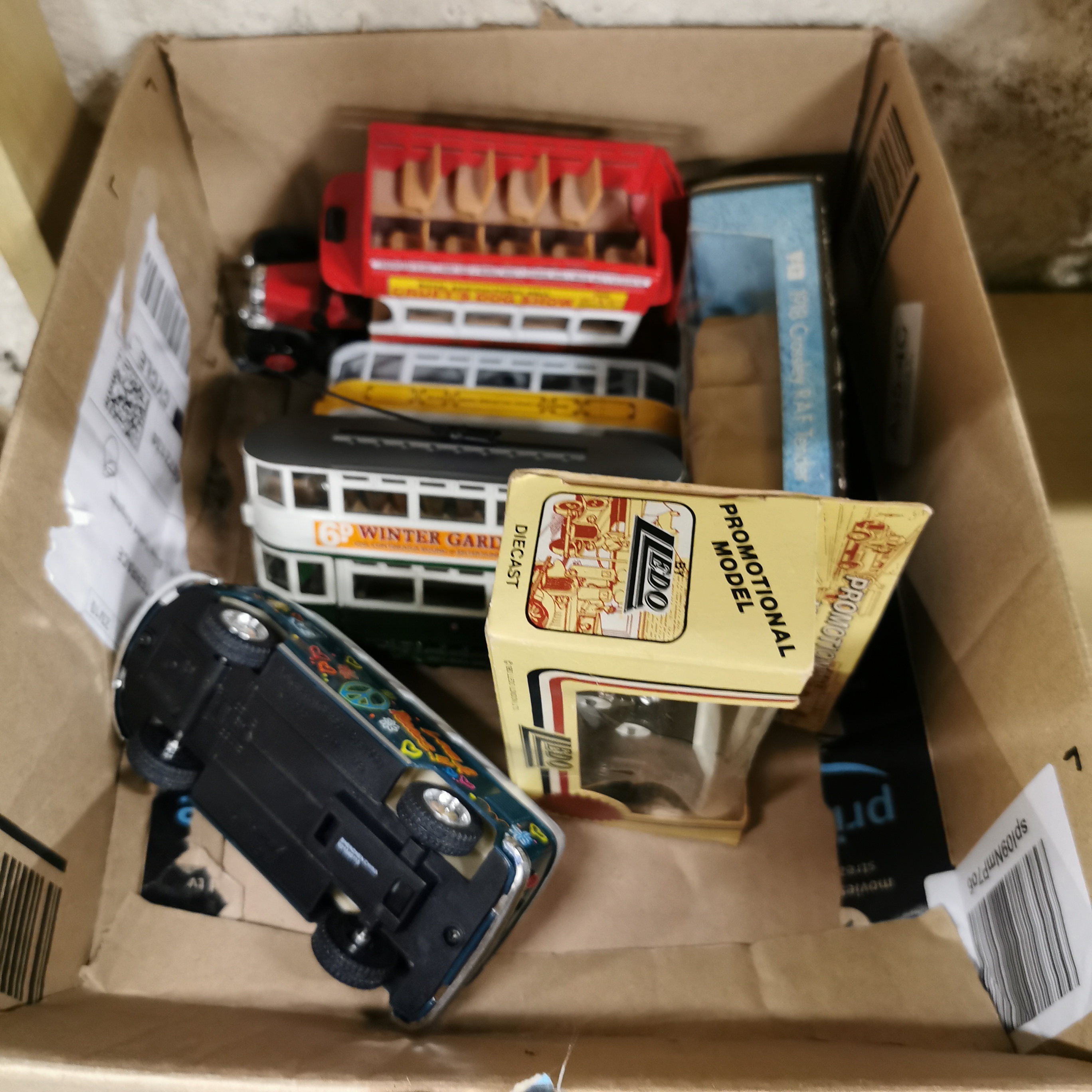 BOX OF MODEL BUSES AND TRAINS