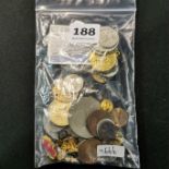 BAG OF COINS AND BADGES ETC