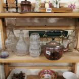 SHELF LOT OF OLD GLASSWARE, COPPER KETTLE ETC