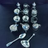 COLLECTION OF SILVER TO INCLUDE SALTS, PRESERVE POTS AND SPOONS, NAPKIN RINGS, SMALL LADLE ETC