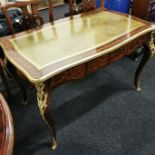 GILT FRAMED LEATHER TOPPED INLAID FRENCH STYLE SINGLE DRAWER DESK