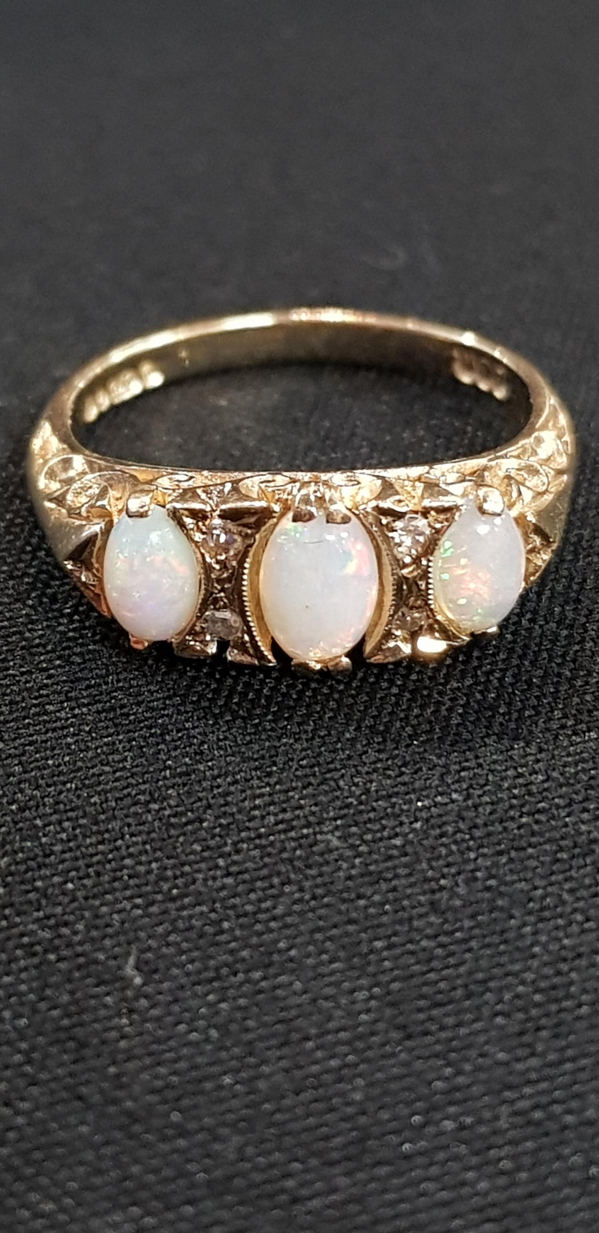 9CT GOLD 3 STONE OPAL AND DIAMOND RING