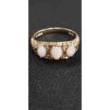 9CT GOLD 3 STONE OPAL AND DIAMOND RING