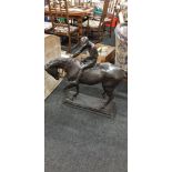 LARGE BRONZE HORSE & JOCKEY FIGURE ON NON BRONZE BASE