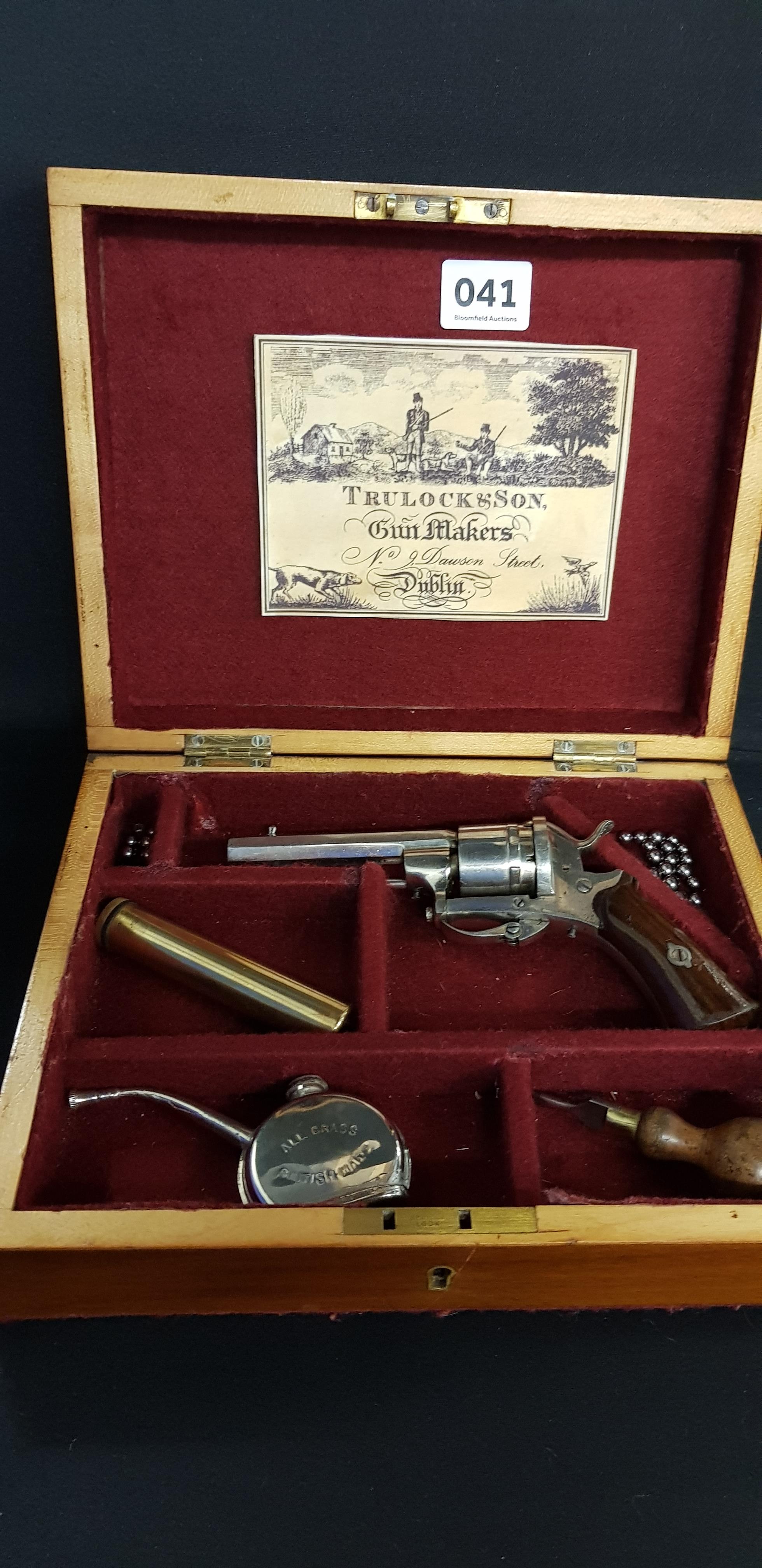 CASED 1893 7MM 6 SHOT PIN FIRE REVOLVER IN PRISTINE CONDITION WITH ALL NICKEL PLATING INTACT.