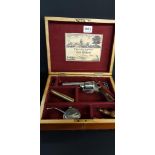 CASED 1893 7MM 6 SHOT PIN FIRE REVOLVER IN PRISTINE CONDITION WITH ALL NICKEL PLATING INTACT.