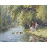 CHARLES MCAULEY - OIL ON CANVAS - FEEDING THE DUCKS 19.5' X 15.5'