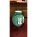 2 HANDLED GREEN VASE WITH INLAID FIGURES OF CHILDREN