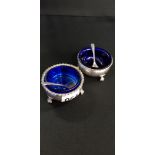 PAIR OF SILVER SALTS WITH BRISTOL BLUE LINERS AND SILVER SPOONS 1918/19
