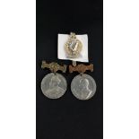 2 MEDALS AND MILITARY BADGE