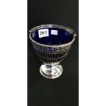 SILVER SWING HANDLED CUP WITH BRISTOL BLUE LINER LONDON 1896/97