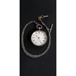 ANTIQUE SILVER POCKET WATCH ON ANTIQUE SILVER WATCH CHAIN WITH KEY