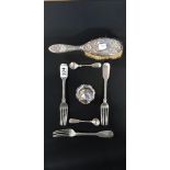 SILVER SALT, 3 SILVER FORKS, 2 SILVER SALTS SPOONS AND CHILDS ART NOUVEAU HAIR BRUSH