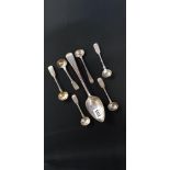 6 SILVER SALT SPOONS AND STUFFING SPOON