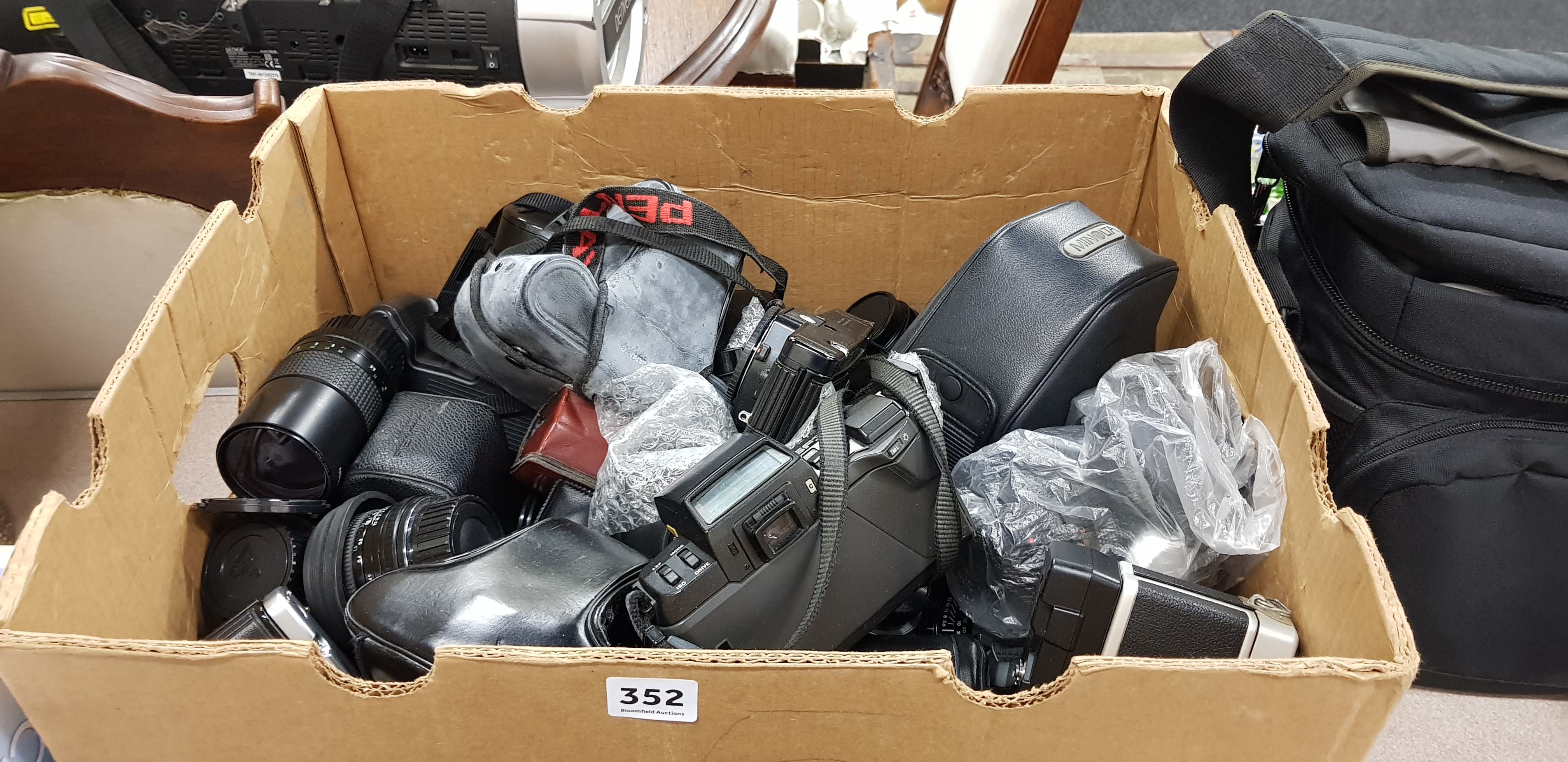 LARGE BOX LOT OF CAMERAS AND LENSES