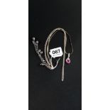 2 SILVER NECKLACES - ONE WITH PINK STONE AND SILVER BRACELET