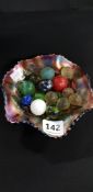 VINTAGE CARNIVAL GLASS BOWL AND MARBLES