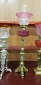 TALL ANTIQUE BRASS OIL LAMP WITH RUBY BOWL AND RUBY SHADE