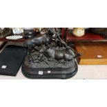 ANTIQUE BRONZE BULL GROUP ON MARBLE BASE