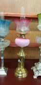 ANTIQUE BRASS OIL LAMP PINK BOWL RUBY SHADE