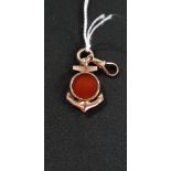 BLOODSTONE FOB MOUNTED IN A RARE 9 CARAT ROSE GOLD ANCHOR MOUNT - TOTAL WEIGHT APPROX 6 GRAMS