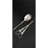 SILVER APOSTLE SPOON AND PLATED GRAPE SCISSORS