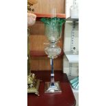 ANTIQUE SILVER (HALLMARKED)DECO STYLE OIL LAMP WITH GLASS BOWL AND GREEN TIPPED SHADE