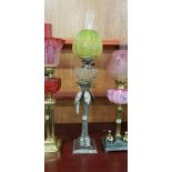 ANTIQUE SILVER PLATED PALM TREE OIL LAMP WITH GREEN SHADE