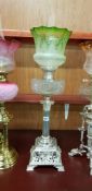 LARGE ANTIQUE SQUARE BASED PLATED OIL LAMP, GLASS BOWL AND GREEN TIPPED SHADE