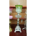 LARGE ANTIQUE SQUARE BASED PLATED OIL LAMP, GLASS BOWL AND GREEN TIPPED SHADE